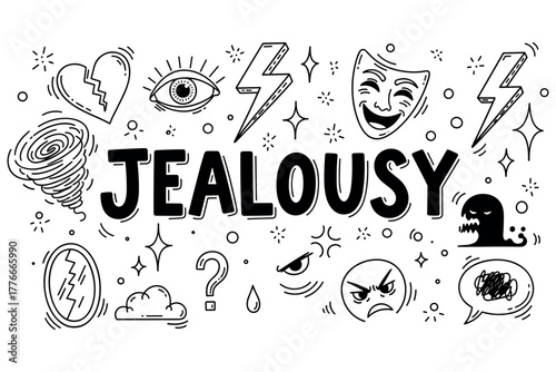 Jealousy concept with dramatic icons and emotional symbols in black and white