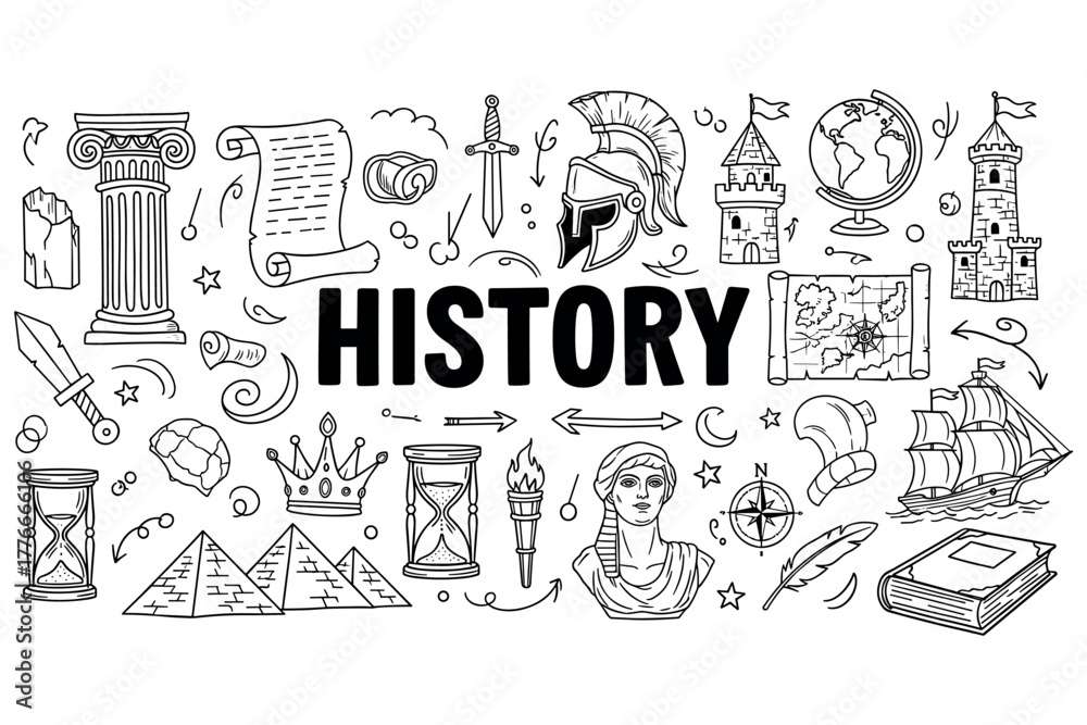 Fototapeta premium Historical elements doodle: ancient architecture, weapons, and exploration themes