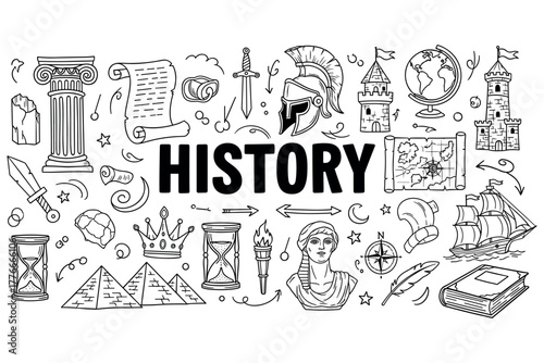 Historical elements doodle: ancient architecture, weapons, and exploration themes