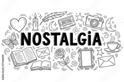 Nostalgia doodle with vintage icons: cassette, camera, candle, book, and letters