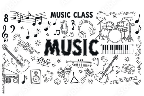 Music class instruments and notes doodle art