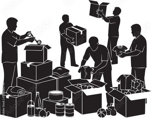 Diverse volunteers collaborating to pack and distribute supplies on international volunteer day