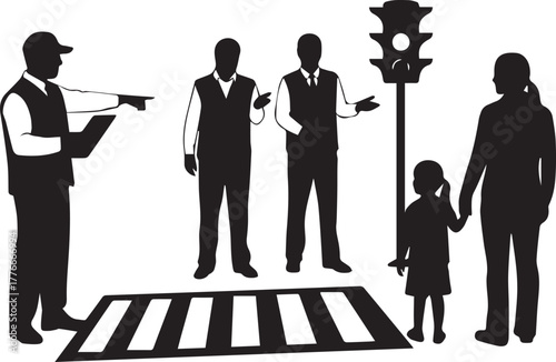 Diverse group promotes road safety awareness with pedestrian crossing and traffic signal guidance