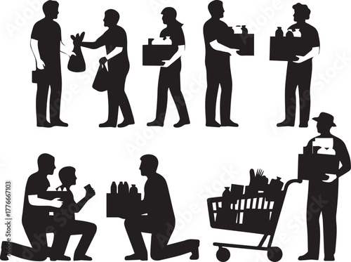 Silhouettes of volunteers helping others with groceries and aid for international volunteer day