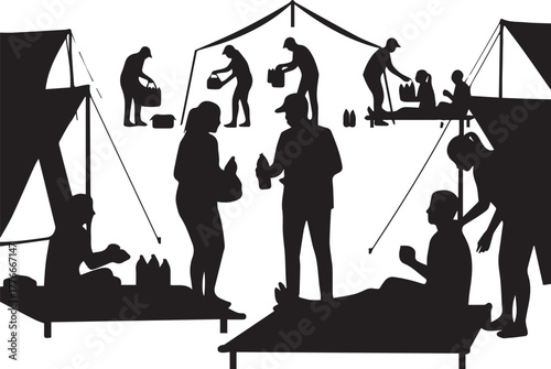 International volunteer day silhouette scene helping people in tents charity aid work