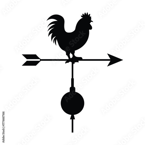 Weather vane rooster silhouette with directional arrow and compass. Classic rooster minimalist white background plain design.