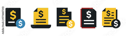 Collection of invoice icons, representing financial transactions, billing statements, and payment requests on transparent background