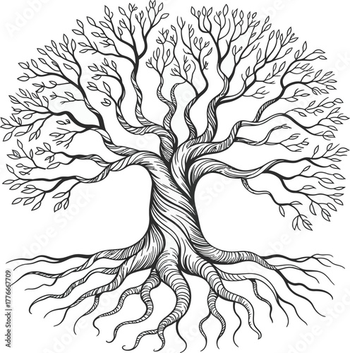 Intricate Tree of Life with Detailed Roots and Branches