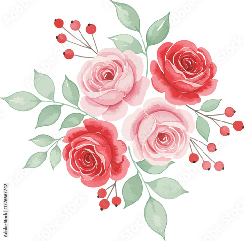 Watercolor bouquet with pink and red roses and berries