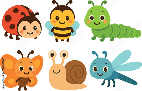 Cute cartoon insects including ladybug, bee, caterpillar, butterfly, snail, and dragonfly vector collection for children-friendly design
