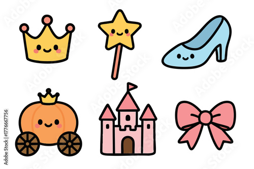 Cute princess crown magic wand pink castle pumpkin carriage bow vector illustration for children and fairy tales design