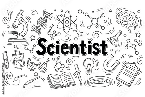Science tools and symbols illustrated: microscopes, dna, atoms, and more