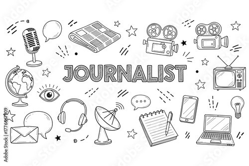 Journalist tools and symbols: microphone, newspaper, camera, laptop, satellite dish, globe, television