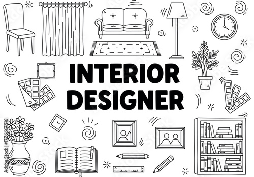 Black and white interior designer concept with furniture and decor elements