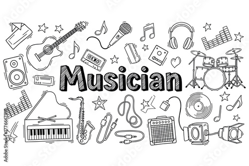 Hand-drawn musical instruments and gear with "musician" text