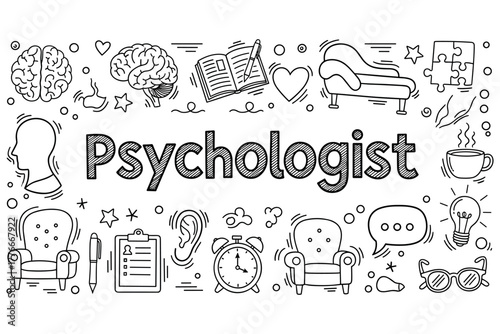 Psychologist concept with brain, therapy couch, and mental health symbols