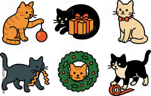 Cute playful cats with Christmas decorations festive holiday pets vector illustration