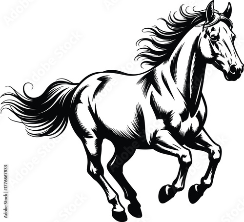 Powerful black stallion running at full speed horse