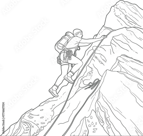 Rock Climber Ascending a Steep Mountain Face with Rope