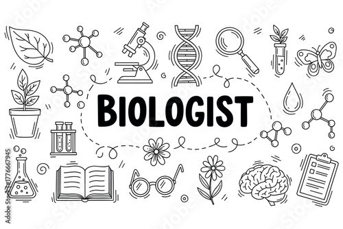 Biologist concept with science icons: dna, microscope, plant, molecules