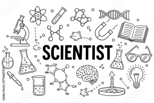 Science icons collection: lab equipment, molecules, and scientific symbols surrounding scientist text