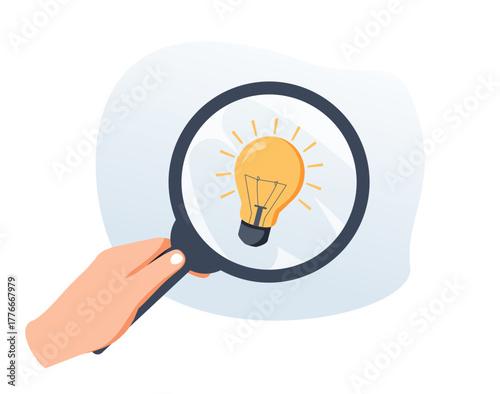 Trendy flat vector illustration of Search idea. Hand holding magnifying glass with lightbulb. Creative vision and think