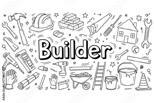 Builder tools and equipment doodle illustration with construction elements