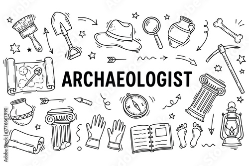 Archaeologist tools with shovel, hat, and ancient artifacts doodles