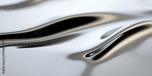 Abstract curves dance in shimmering silver, evoking a sense of fluid motion. Shadows accentuate the contours, creating a mesmerizing visual experience, reflective art.