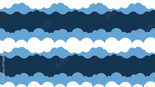 A repetitive pattern of blue and white cloud shapes against a dark blue background in horizontal rows