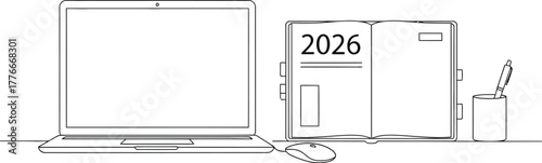Vector art of laptop and 2026 calendar