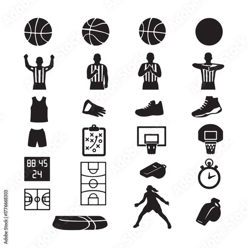 Comprehensive collection of diverse black silhouette basketball sport icons, featuring players, referees, equipment, and court elements, perfect for various graphic design and web projects