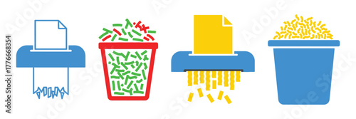 A set of paper shredder illustrations in different styles, the shredders are blue, and the shredded paper is green and yellow on transparent background