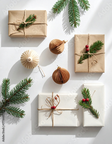 Wrapped gifts and fir sprigs create cozy, minimalist Christmas flat lay that evokes feelings of peaceful holiday joy