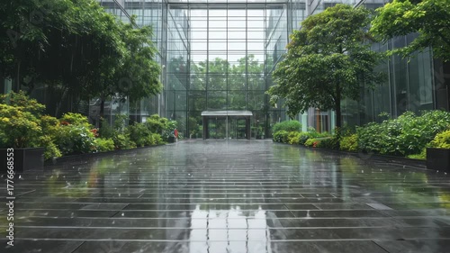 Lush greenery frames a modern glass building entrance, as the camera smoothly pans forward, revealing the vibrant scene with reflections on wet pavement