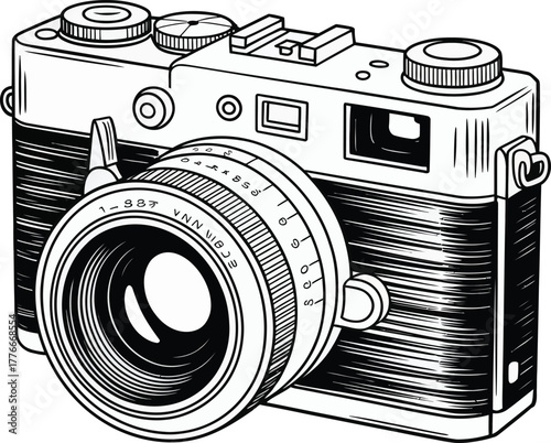 Vintage Rangefinder Camera with Detailed Lens and Controls