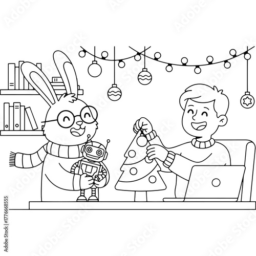 Modern Christmas concept. Boy using laptop and rabbit with robot toy. Decorating tree together in cozy room decorated with lights. Coloring page vector drawing.