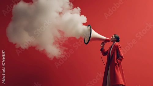 Woman in red coat passionately speaks into a megaphone, showcasing dynamic expression and energy, with vibrant red backdrop enhancing the scene's intensity and emotion