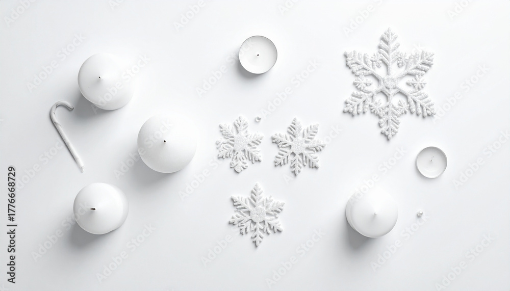 Fototapeta premium Inviting Christmas flat lay showcases simplicity of white candles and snowflakes, radiating calm and peaceful Nordic holiday spirit