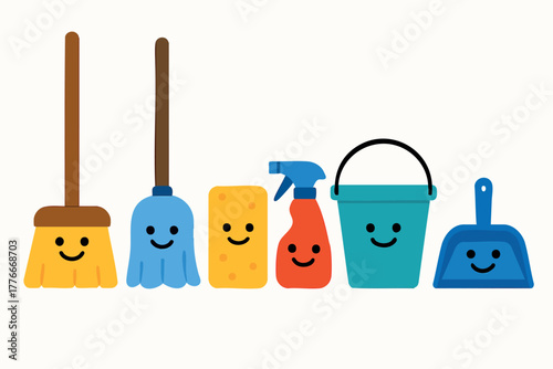 Cleaning tools vector with smiling bucket mop broom sponge spray and dustpan for housekeeping and chores