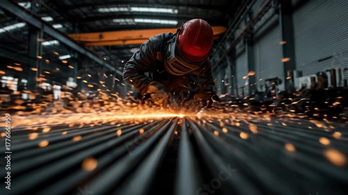 Skilled worker in protective gear performs metal grinding, sparks flying across steel surface, showcasing craftsmanship, camera follows with a smooth dolly motion