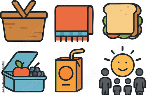 Picnic basket with sandwich juice box and family enjoying sunny day vector illustration