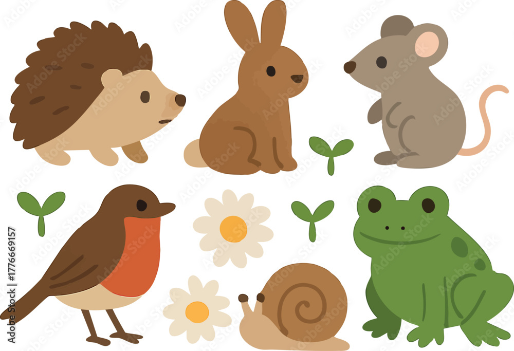 Naklejka premium Cute woodland animals with flowers and sprouts vector illustration in soft colors for nature and wildlife design
