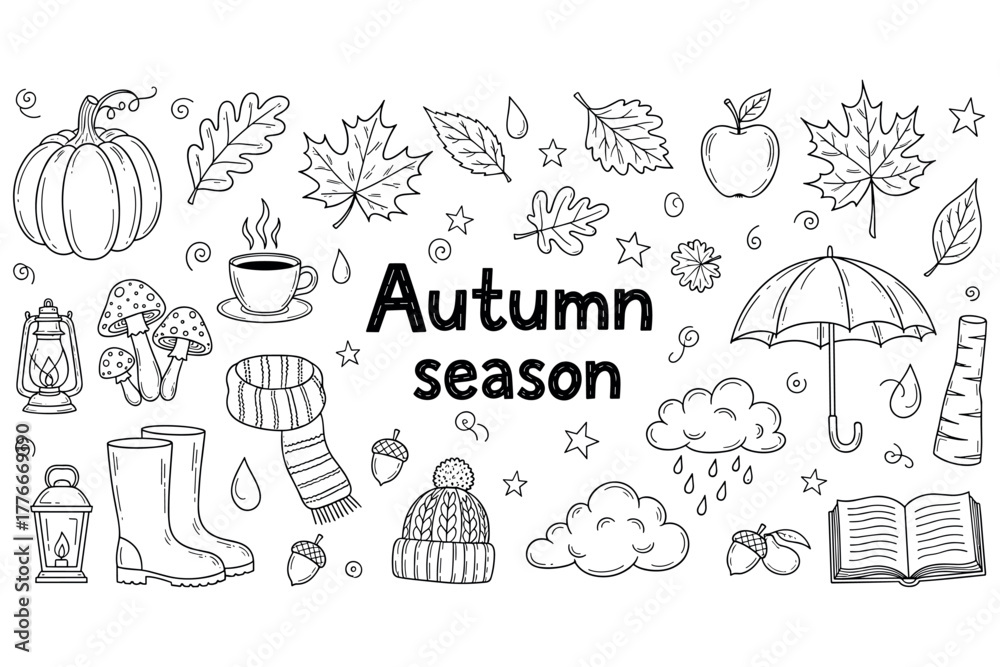 Naklejka premium Autumn season doodles: leaves, umbrella, pumpkin, and cozy elements