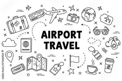 Doodle illustration of airport travel with airplane, luggage, passport, and map