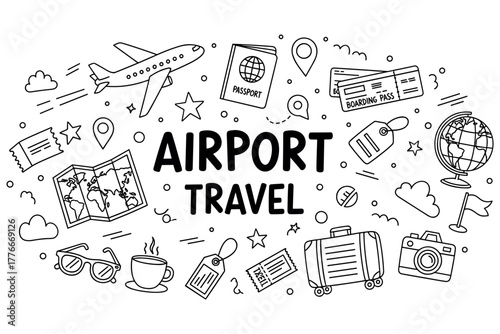 Airport travel elements: passport, boarding pass, luggage, globe, plane, map