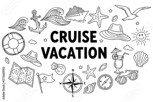 Cruise vacation: nautical symbols, sea waves, and sun in black and white
