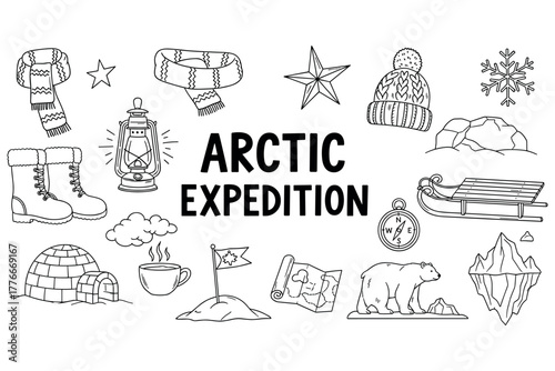 Arctic expedition elements: polar bear, igloo, sled, and winter gear illustrations in black and white