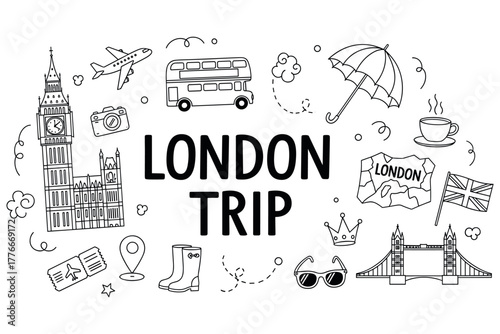 London trip: iconic landmarks and travel essentials in hand-drawn style