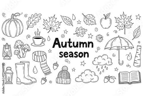 Autumn season doodles: leaves, umbrella, pumpkin, and cozy elements